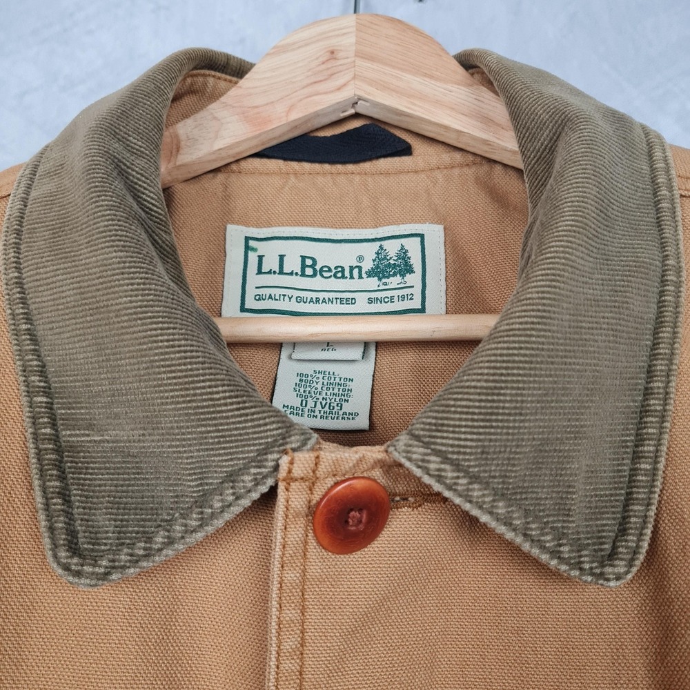 LL Bean Barn Coat Mens Large Brown Canvas Plaid Lined Corduroy Collar Workwear - Picture 3 of 16